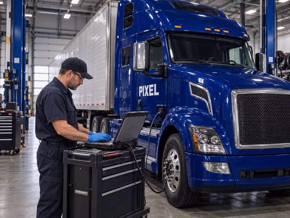 A technician using a diagnostic laptop beside a blue PIXEL truck.
